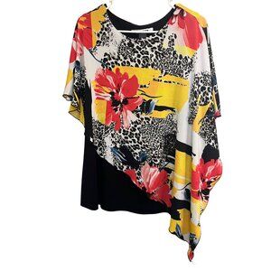 Nygard Floral Leopard Cape Sleeve Blouse Women's Size S Black Yellow Red Top
